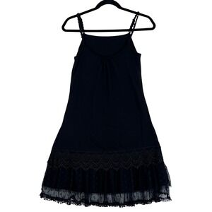 Sleeveless Small Black Cotton Slip Dress wide‎ Lace and Mesh Hem Goth Witchy